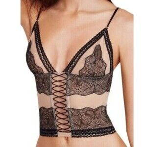 Victoria's Secret Sheer Mesh Floral Lace Up Bustier Corset Black Nude Size Large
